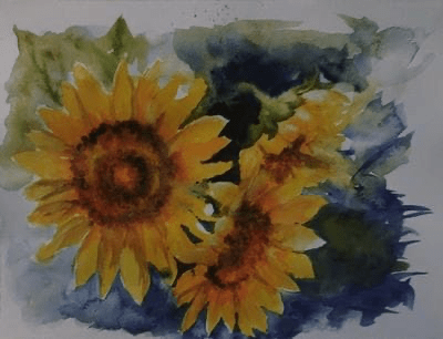 Watercolour of sunflowers in a vase.