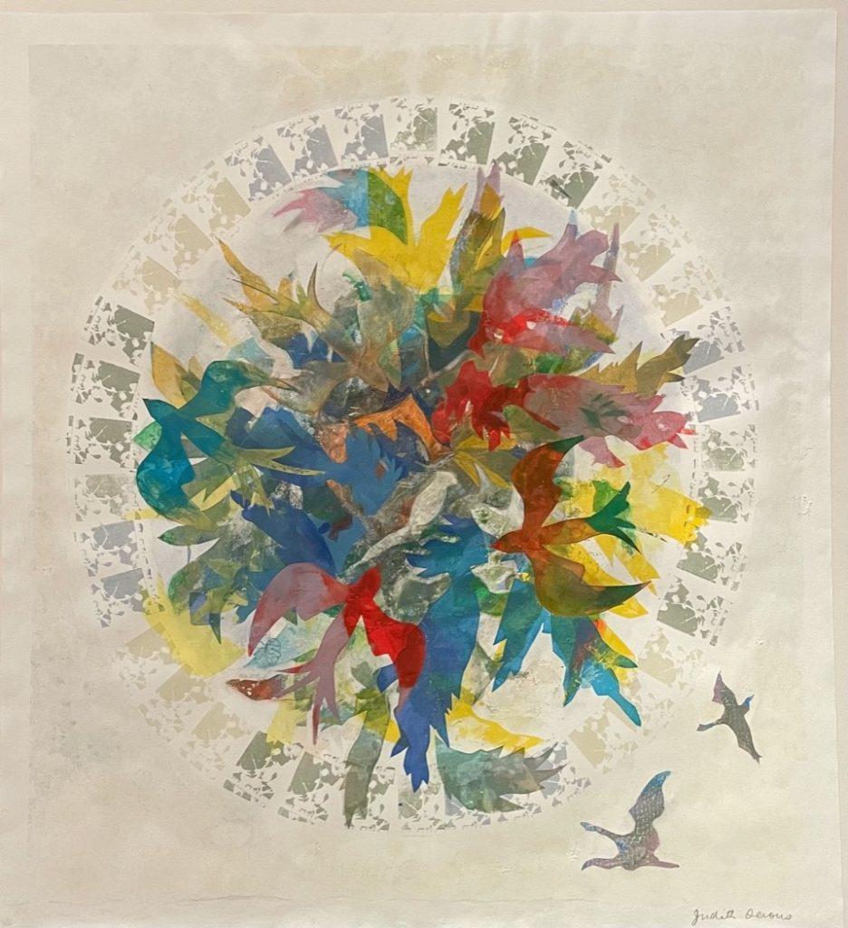 An image of a screen print of brightly coloured birds inside a faint circle, with two grey birds outside the circle.